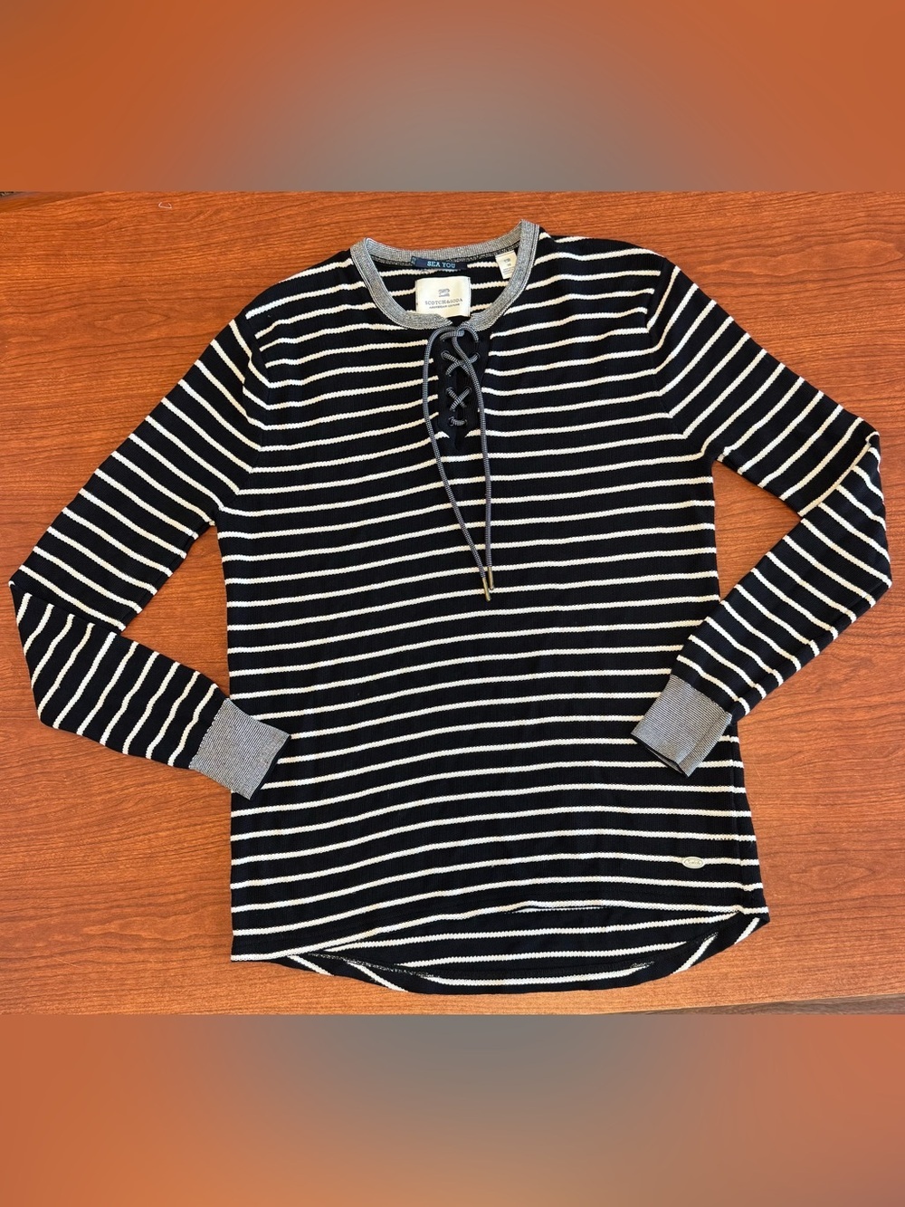 Scotch & Soda Sea You Lace-Up Striped Sweater Medium Nautical Coastal Americana